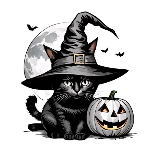 Black Cat Wearing A Witch Hat Sitting Beside A Jack-o'-lantern Under The Moon