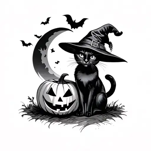 Black Cat Wearing A Witch Hat Sitting Beside A Jack-o'-lantern Under The Moon