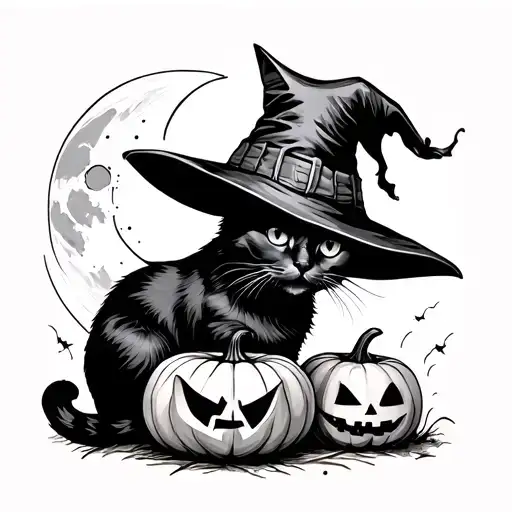 Black Cat Wearing A Witch Hat Sitting Beside A Jack-o'-lantern Under The Moon
