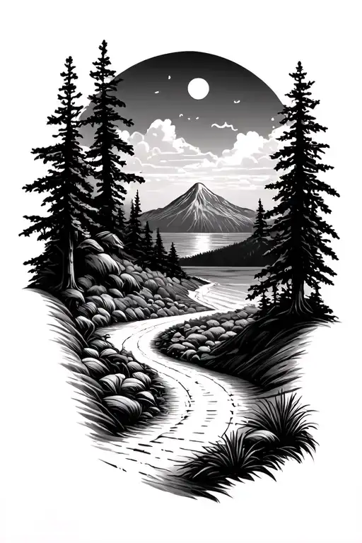 A Winding Road Leading To A Beach Forest Mountain Landscape With A Sunrise