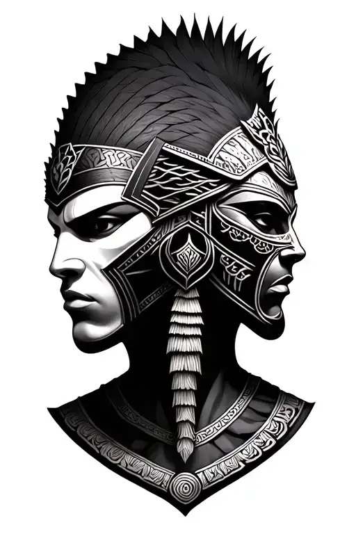 Head Of Anubus Facing Away And Head Of A Samuari With Mask Facing Opposite Direction