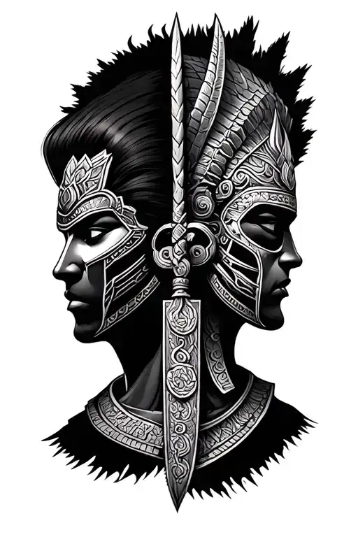 Head Of Anubus Facing Away And Head Of A Samuari With Mask Facing Opposite Direction