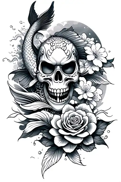 Japanese Koi Fish And Cherry Blossoms With Oni Mask With Waves And Cloud With Modern Skull And Rose