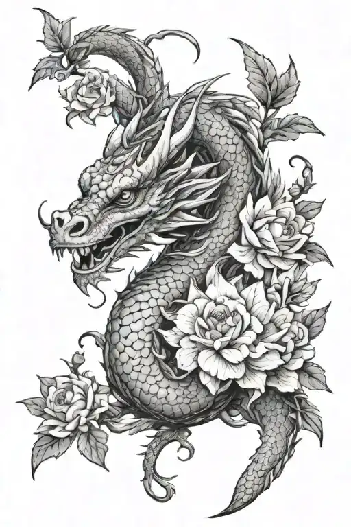 Female Dragon Behind Flowers And Dragonegg