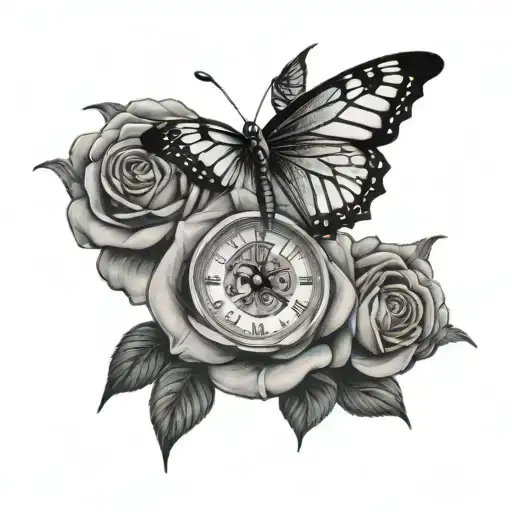 2 Roses One Red One Black With Watch And Butterfly
