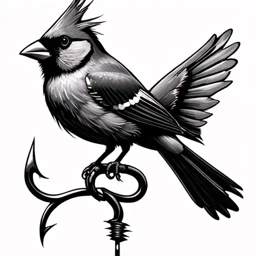 A Small Fish Hook With A Cardinal Perched On It
