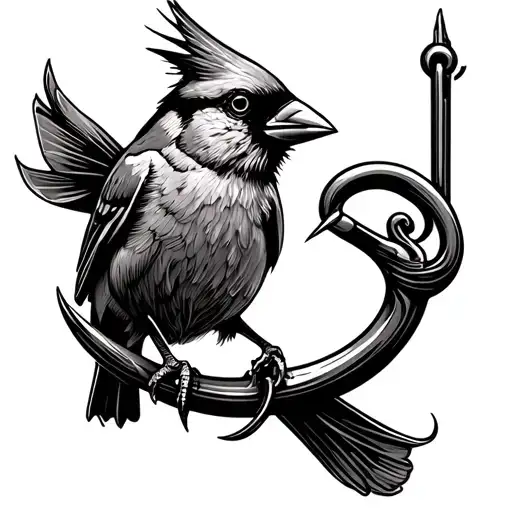 A Fish Hook That Is Sideways With A Cardinal Perched On It