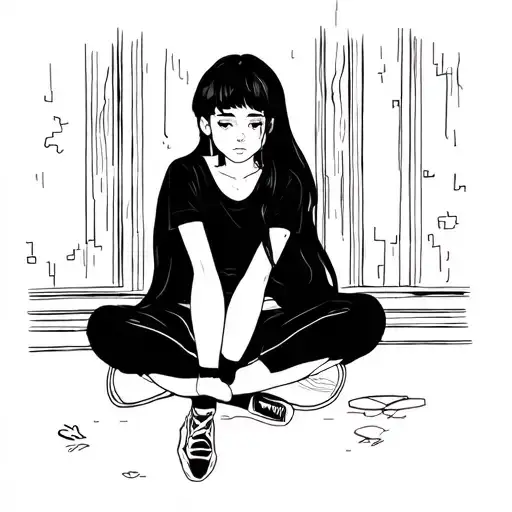 A Girl Sitting And Lost In Her Thoughts Cartoon Style