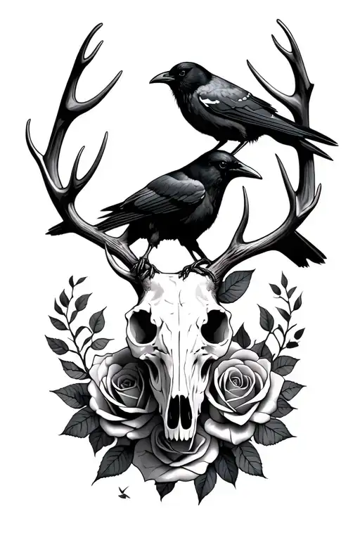 Deer Skull With Roses And Crow Sitting