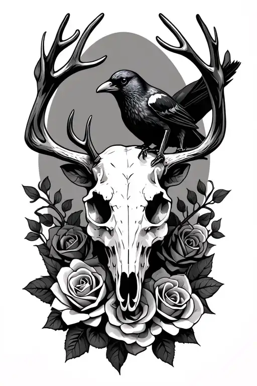 Deer Skull With Roses And Crow Sitting