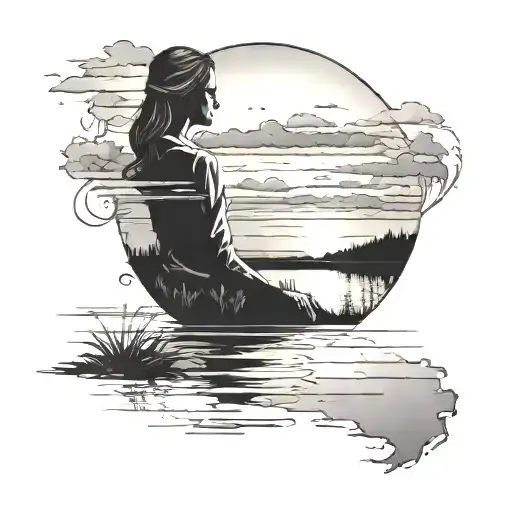 A Majestic Sunset Over A Serene Lake With A Silhouette Of A Businesswoman In The Foreground