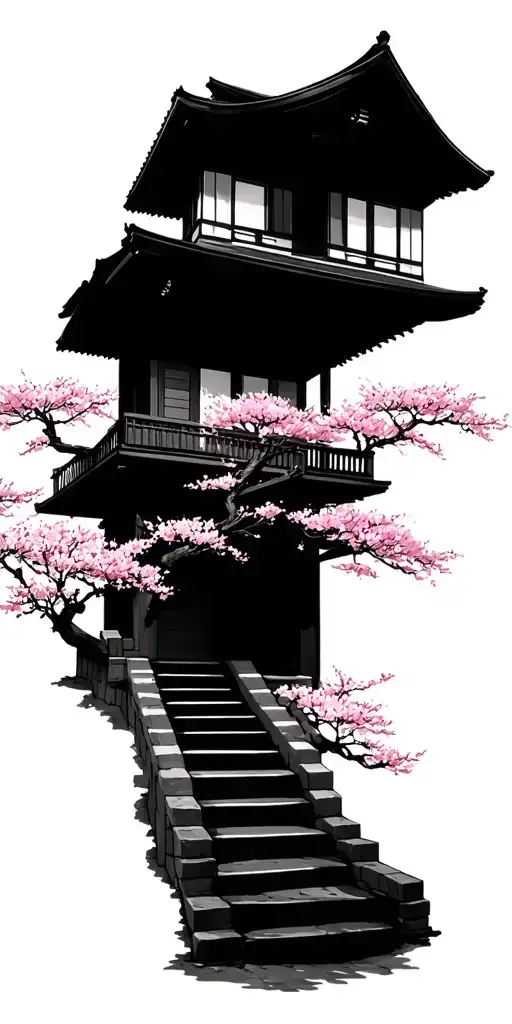 Japanese-style Home Surrounded By Cherry Blossom Trees With Stairs
