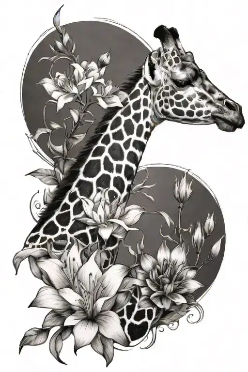 Giraffe With Larkspur And Water Lily