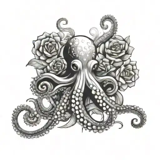 Octopus Behind Bouquet Of Flower Intertwined