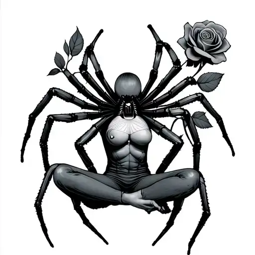 Spider And Rose Behind Ear Sitting Cross Legged