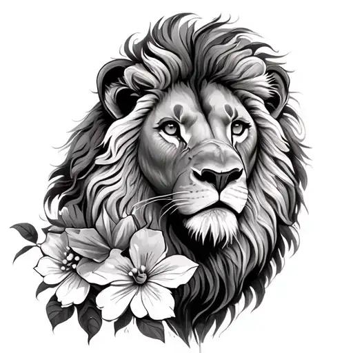 Lion With Flowers In Black And White