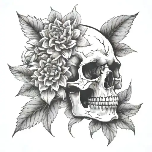 Skull Surrounded By Dahlia Flowers