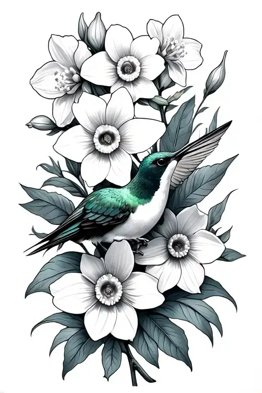 Daffodil And Humming Bird With Flowers