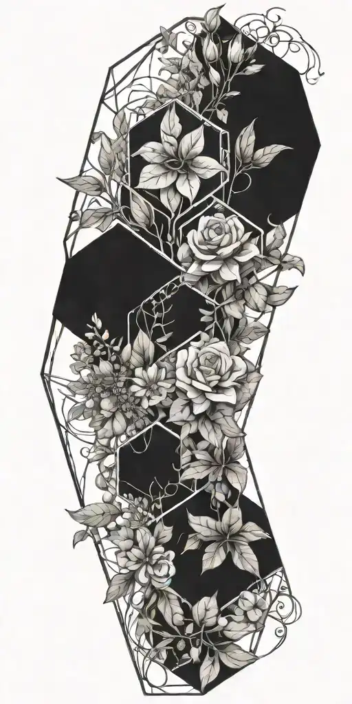 Geometric Hexagon Intertwined With Viney Plants Growing