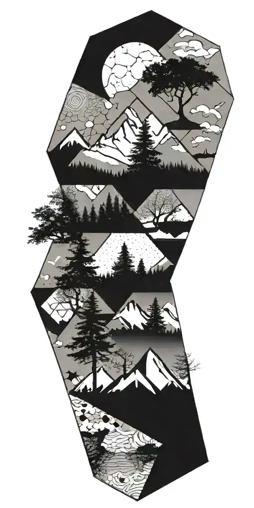 Geometic Shapes And Hexagons With Mounaints And Trees