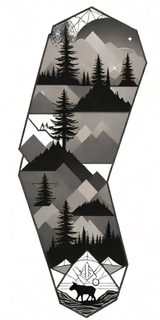Geometic Shapes And Hexagons With Mounaints And Trees