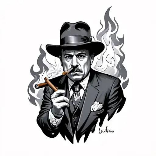 Mobster Smoking Cigar With Fire Behind Him
