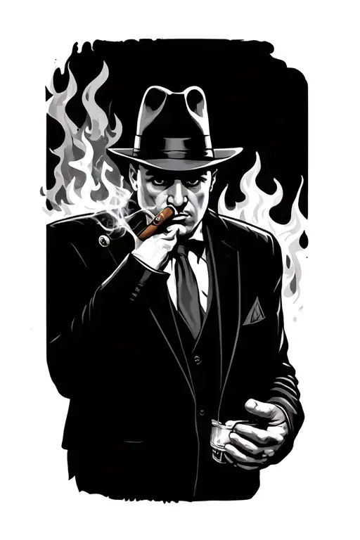 Mobster Smoking Cigar With Fire Behind Him