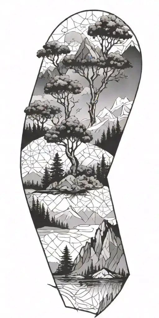 Trees At The Bottom Growing Into A Mounain Range That Has Geometic Hexagons In The Sky