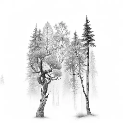 An Intricate Black And Grey Tattoo Of A Forest With Hidden Animals