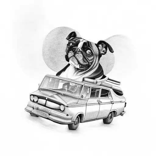 A Realistic Black And Grey Tattoo Of A Classic Car With A Dog Sticking Its Head Out Of The Window