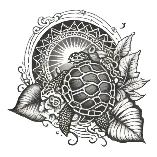 Waves Clouds Birds Turtle Monstera Leaf Sun Flower Of Life