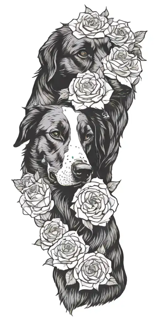 2 Dogs Playing In A Field Of Roses Intertwined Within
