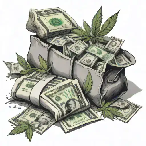 Rolls Of 100 Dollar Bills With Weed Growing Out Of It And A Bags Of Money