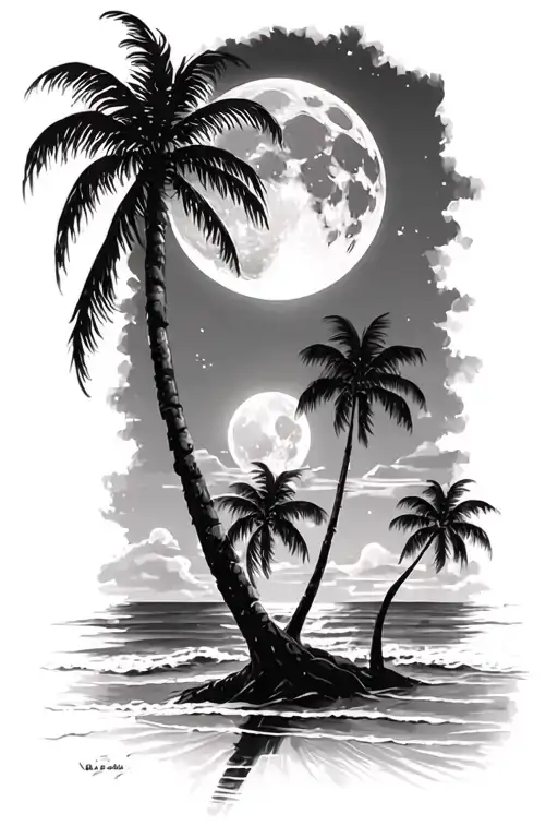 Night Beach Scene With Palm Trees And A Full Moon