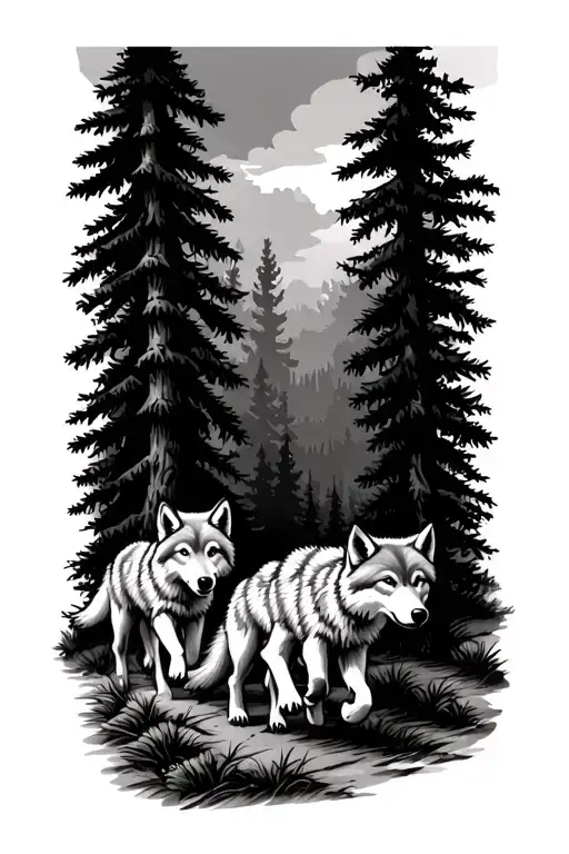 Pine Trees With 4 Baby Wolfs Running Though