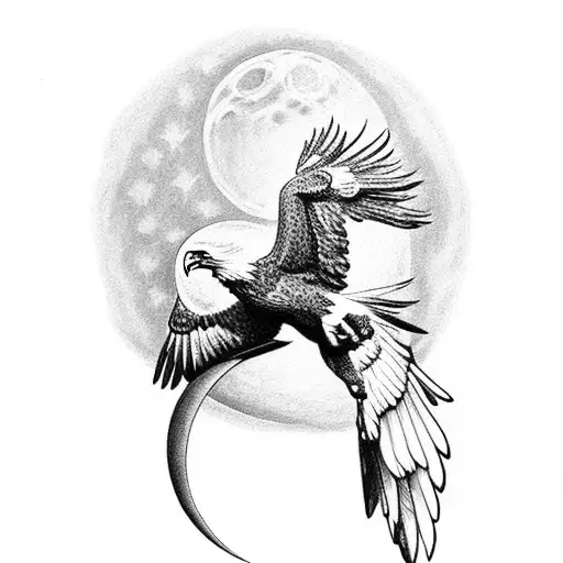 A Black-grey Tattoo Of A Majestic Eagle Perched On A Crescent Moon