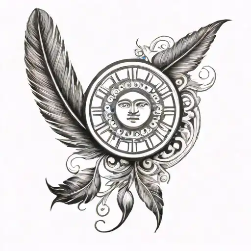 Greek Sun With A Feather Floating Down In Front Of It