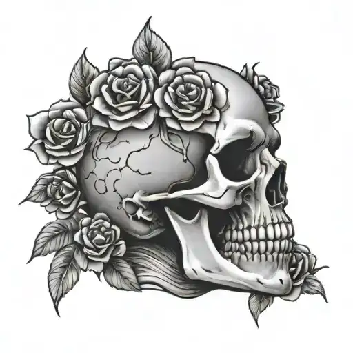 Skull With 6 Roses Around Its Jaw And Head