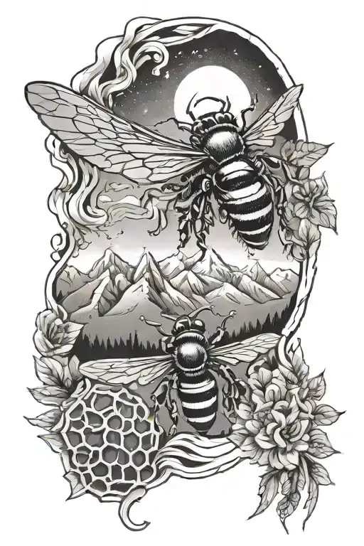 Sleeve With Honeycomb Design Featuring A Bee And A Mountain Range