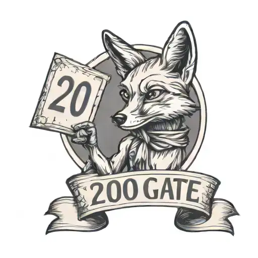 A Black And Grey Tattoo Of A Fox Holding A Sign That Says '200 Fooxgate'