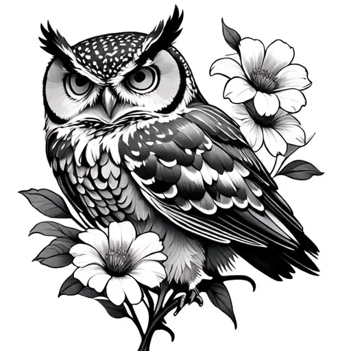 Owl With Four Four Birth Flowers Surrounding