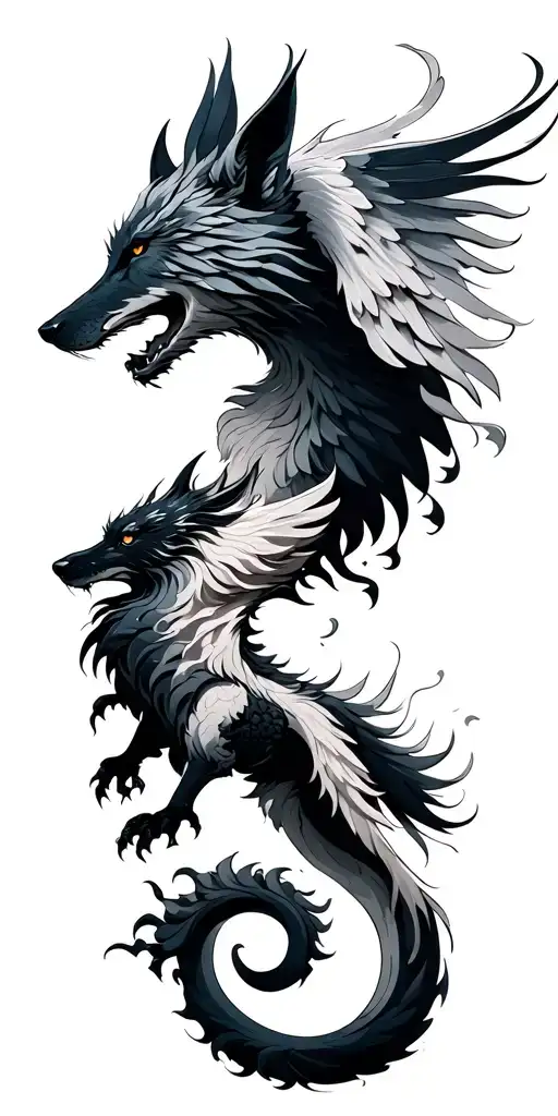 Wolf And Phoenix And Dragon