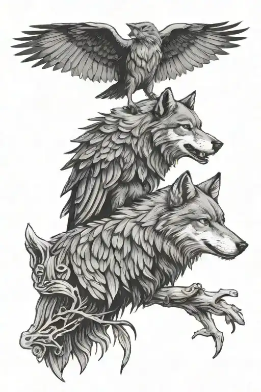 Wolf And Raven Perched