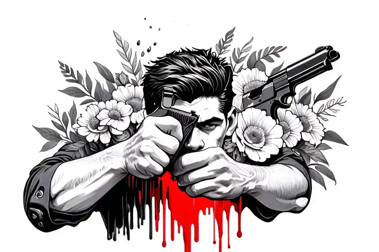 A Man Pointing A Gun On His Head Sideways But Instead Of Blood Exiting The Other Side Is Flowers