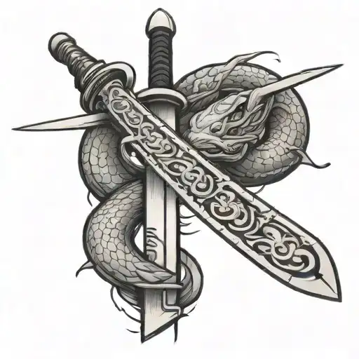 A Tattoo Design Of A Samurai Sword With A Snake Wrapped Around It In A Chicano Fine Line Style