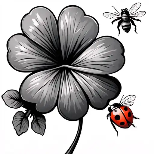Clover With A Lady Bug And A Flying Bee Flying
