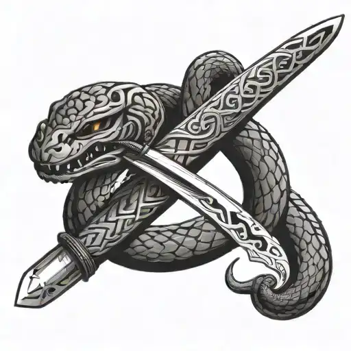 Samurai Sword With A Snake Wrapped Around It In A Chicano Fine Line Style