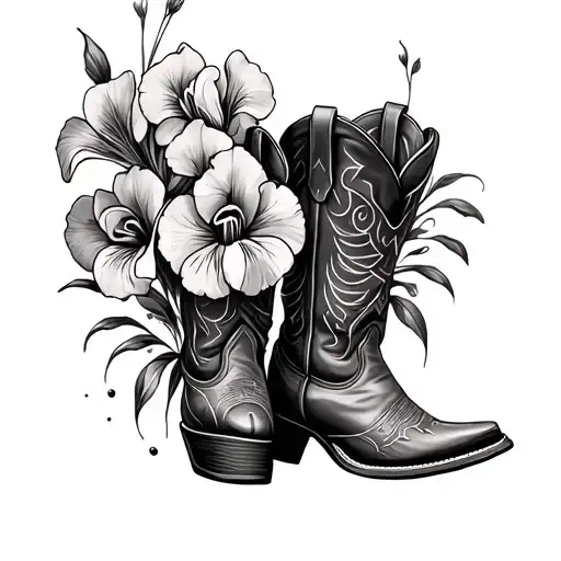 Cowboy Boots With Iris Flowers Coming Out Top Of Boot