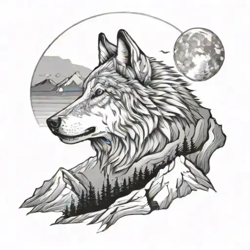 Wolf And Mountain And Moon Surrounded