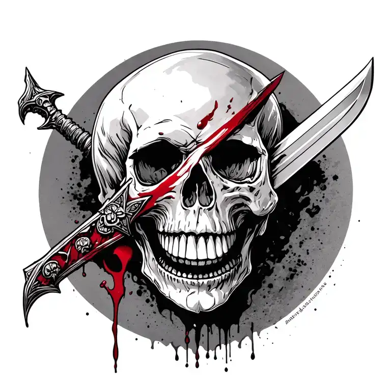 Damocles Sword Above A Skull With A Bloody Smile